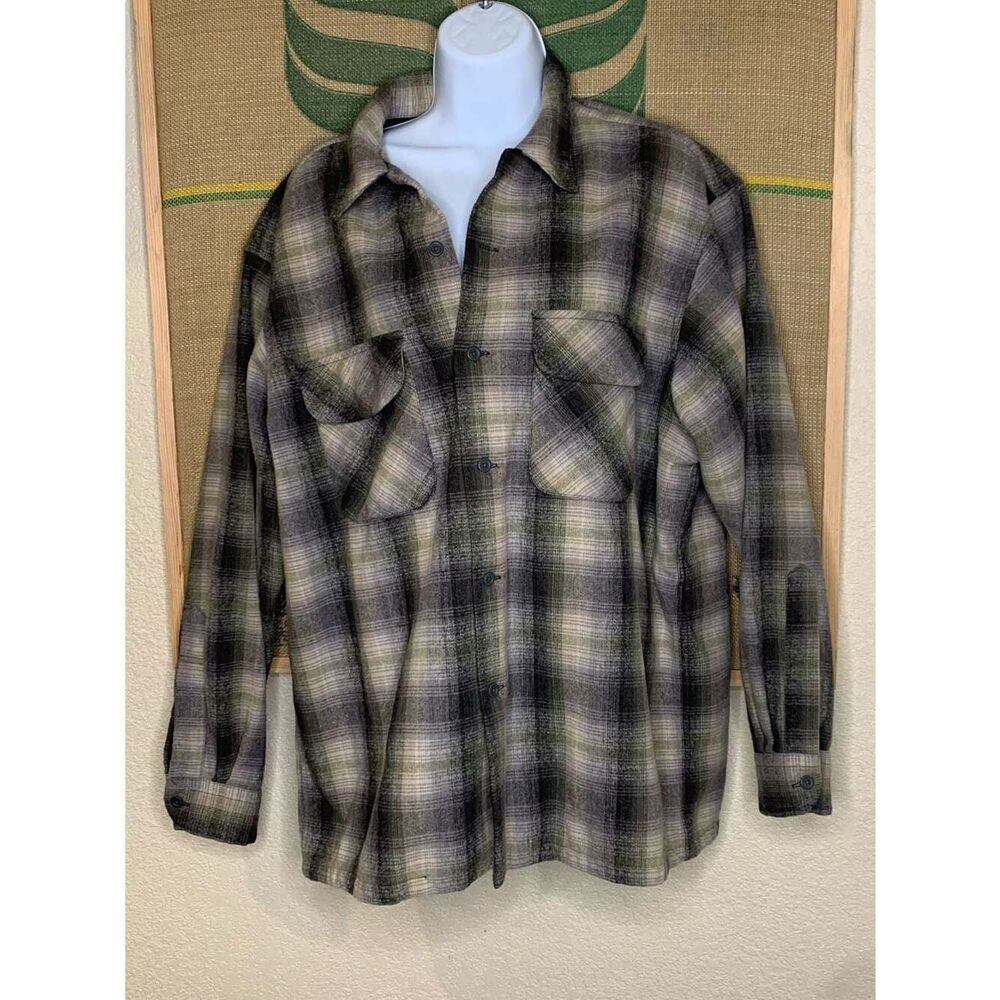 Vintage Pendleton Board Shirt 100% Virgin Wool Gray Plaid Flannel Size L